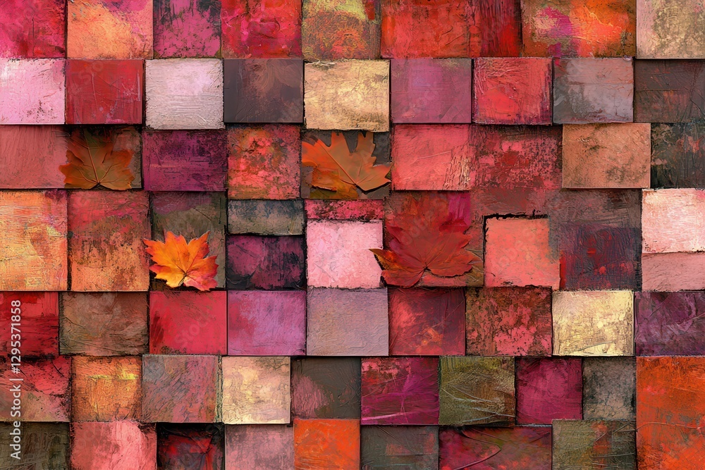 Autumn leaves on red textured squares, background design