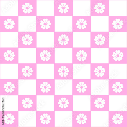 Abstract seamless pattern with flowers. Retro checkered pink background. 