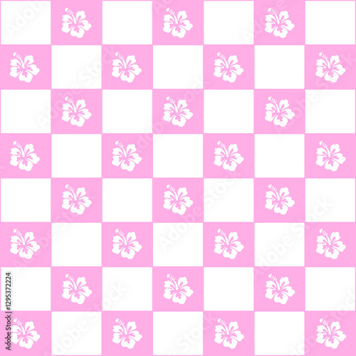 Abstract seamless pattern with flowers. Retro checkered pink background. 
