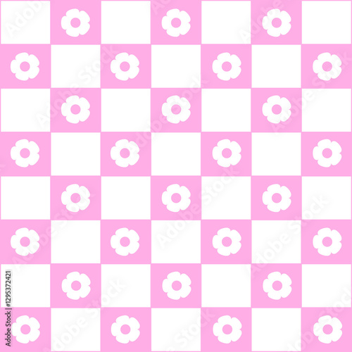 Abstract seamless pattern with flowers. Retro checkered pink background. 