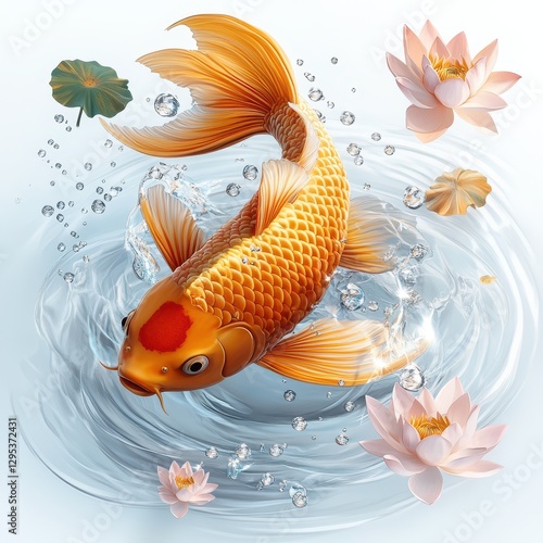 Vibrant Golden Koi Fish Surrounded by Lotus Flowers in Water