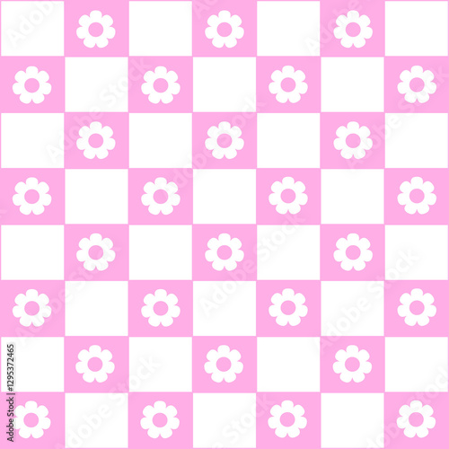 Abstract seamless pattern with flowers. Retro checkered pink background. 