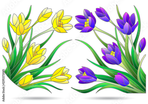A set of contour illustrations of stained glass Windows with Crocuses, isolated on a white background