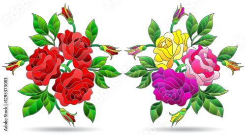 A set of illustrations in the style of stained glass with compositions of rose flowers, isolated on a white background