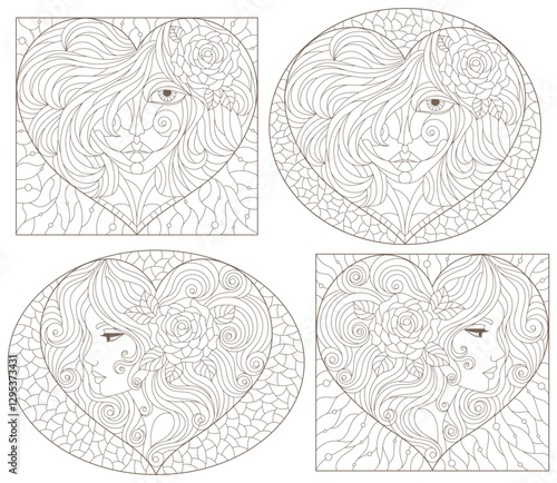 Set of stained glass illustrations with portraits of girls, dark outlines on a white background