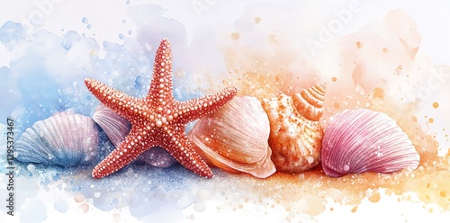 Seashells and Starfish Watercolor Painting on Beach Sand