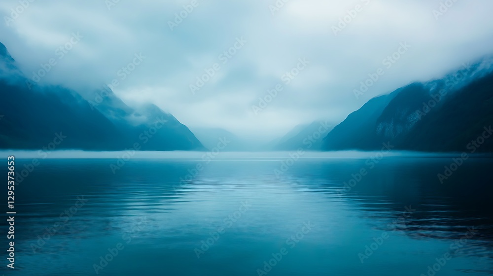 Misty Lake Reflects Mountains Under A Cloudy Misty Atmosphere Misty Lake Reflects Mountains Under A Cloudy Misty Atmosphere