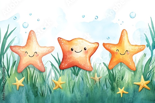 Cute Starfish Watercolor Illustration in Seagrass