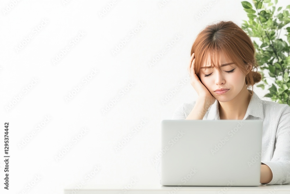 Young woman sitting at a desk with a laptop, looking frustrated. Plants in the background. Bright, minimal workspace. Young woman sitting at a desk with a laptop, looking frustrated. Plants in the background. Bright, minimal workspace.