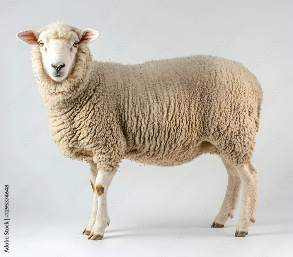 Obraz premium Portrait of a Sheep Standing on a White Background, Displaying its Thick Fleece and Gentle Expression in a High-Quality Studio Setting