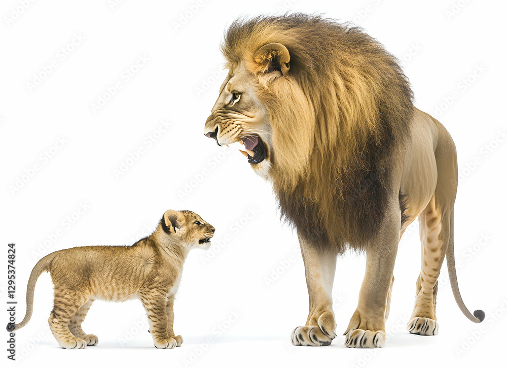 Obraz premium Powerful Roar, A Majestic Lion Confronts Its Adorable Cub in a Captivating Display of Wildlife and Parental Guidance on a Crisp White Backdrop