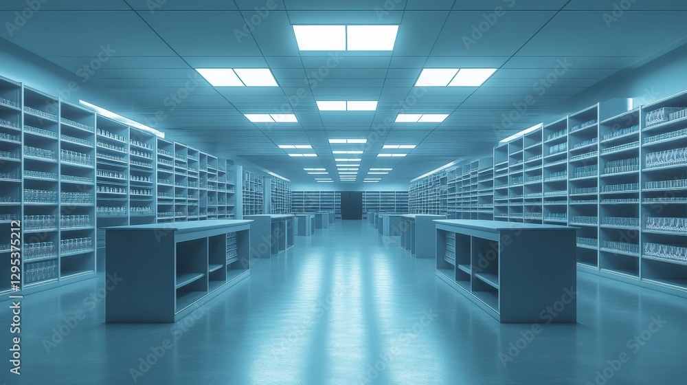 Empty warehouse with shelves, cool blue tones. Ideal for illustrating storage, logistics, or retail concepts. Empty warehouse with shelves, cool blue tones. Ideal for illustrating storage, logistics, or retail concepts.