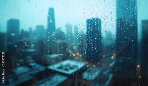 Rainy Day Cityscape, Abstract View of Urban Skyline Through Water Droplets on Glass, Capturing a Melancholic and Atmospheric Mood in a Metropolis