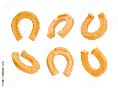 3D golden vector horseshoes. Realistic lucky icons. Gold symbol of good luck and success isolated on white. Yellow horseshoe in different view