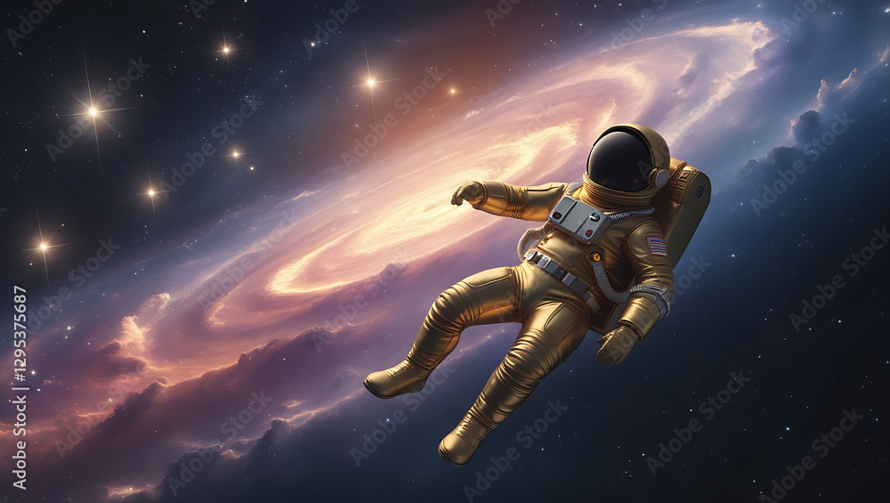 Fototapeta premium A mesmerizing visual representation Spaceman and planet, human in space, shimmering effects that give the impression of depth and dimensionality, created by generative ai