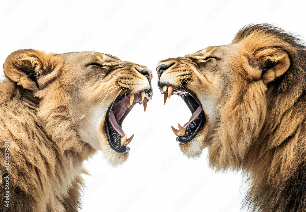 Fototapeta premium Roaring Confrontation, A Close-Up of Two Majestic Lions Facing Off in Intense Competition and Displaying their Power and Ferocity on a White Background