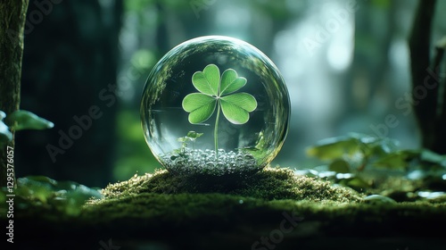 glass sphere rests on moss-covered rock, bathed in soft, dappled sunlight. Inside the sphere, vibrant four-leaf clover stands upright, its vivid green leaves glowing gently against the rich green moss
