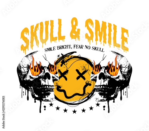 skull and graffiti smile design for t-shirt with slogan. T shirt print with spray paint graffiti smile and skull. Graphics for tee shirt and apparel. Vector illustration