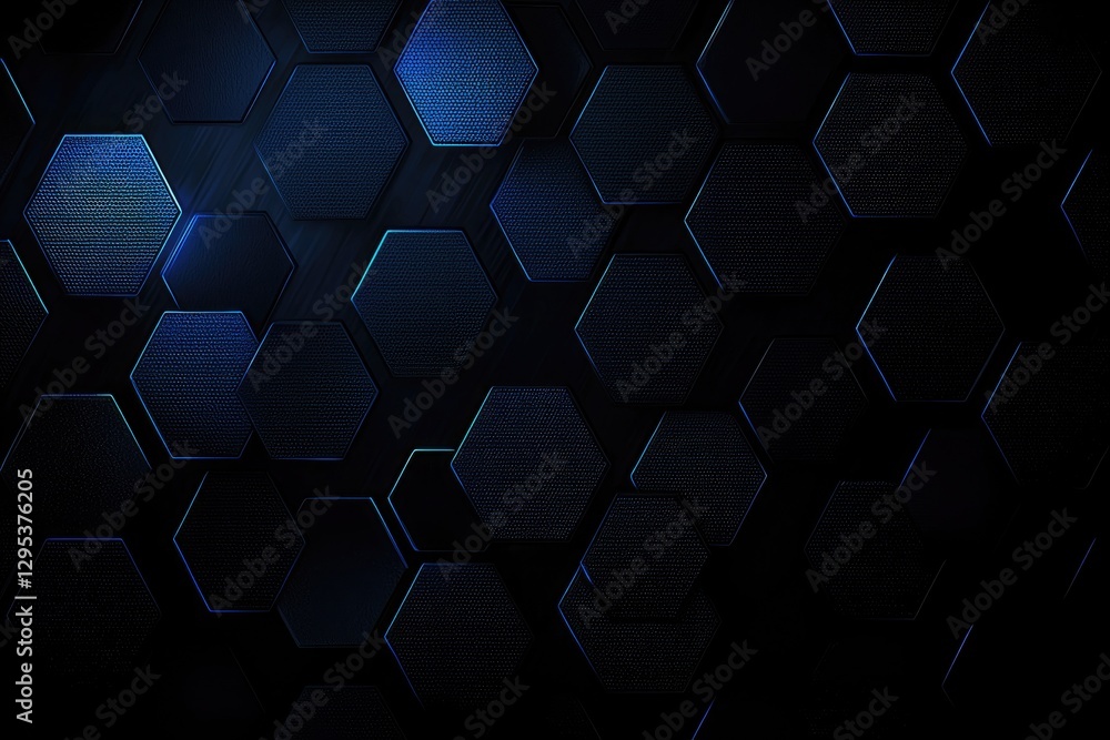 Abstract background with blue glowing hexagons a dark geometric pattern. Futuristic wallpaper with night lights and shadows. Black technology wall design element Abstract background with blue glowing hexagons a dark geometric pattern. Futuristic wallpaper with night lights and shadows. Black technology wall design element