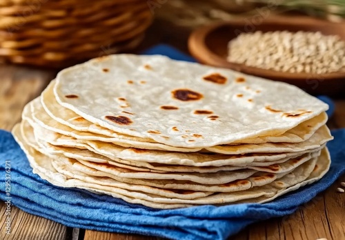 A stack of freshly made homemade flour tortillas with golden brown spots, served on a rustic wooden table with a blue linen napkin, showcasing traditional Mexican cuisine and homemade baking