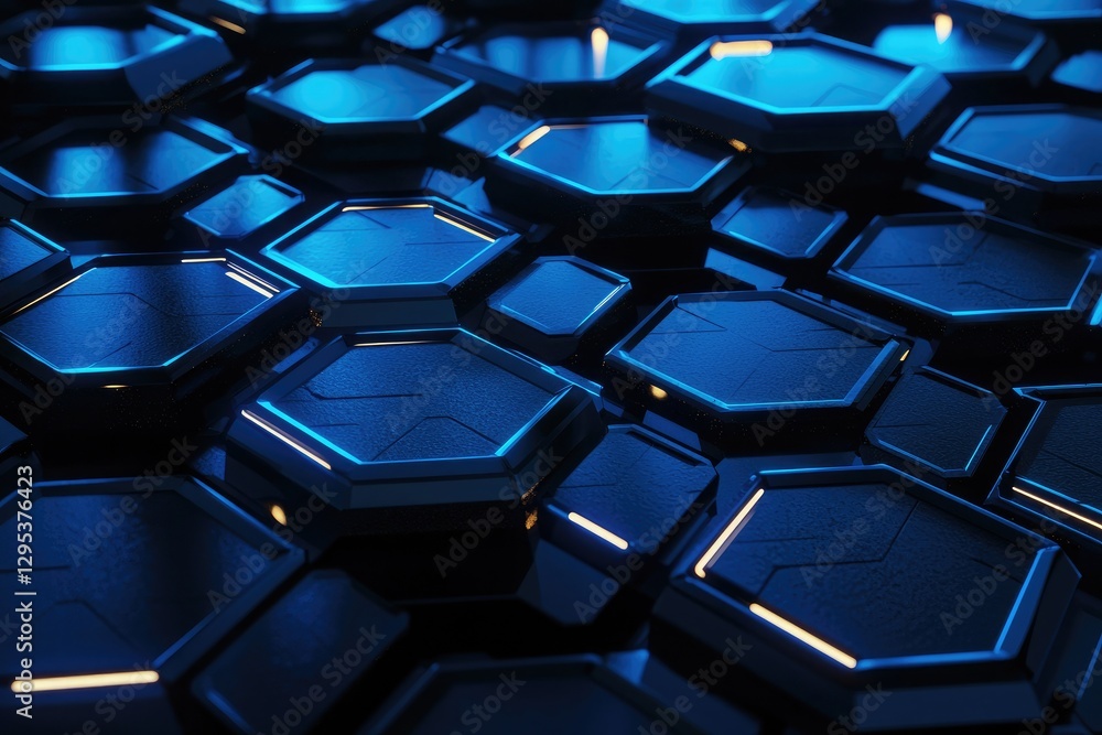 Fototapeta premium Abstract background with blue glowing hexagons a dark geometric pattern. Futuristic wallpaper with night lights and shadows. Black technology wall design element