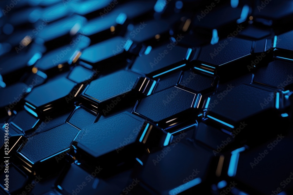 Abstract background with blue glowing hexagons a dark geometric pattern. Futuristic wallpaper with night lights and shadows. Black technology wall design element Abstract background with blue glowing hexagons a dark geometric pattern. Futuristic wallpaper with night lights and shadows. Black technology wall design element