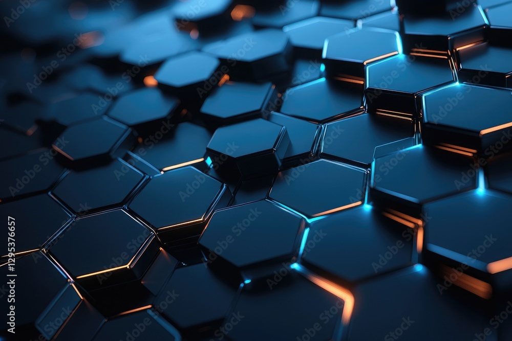 Abstract background with blue glowing hexagons a dark geometric pattern. Futuristic wallpaper with night lights and shadows. Black technology wall design element