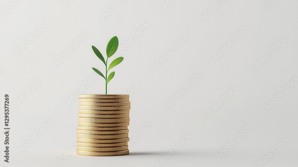 Growth Concept with Green Plant Emerging from Stacked Gold Coins Growth Concept with Green Plant Emerging from Stacked Gold Coins