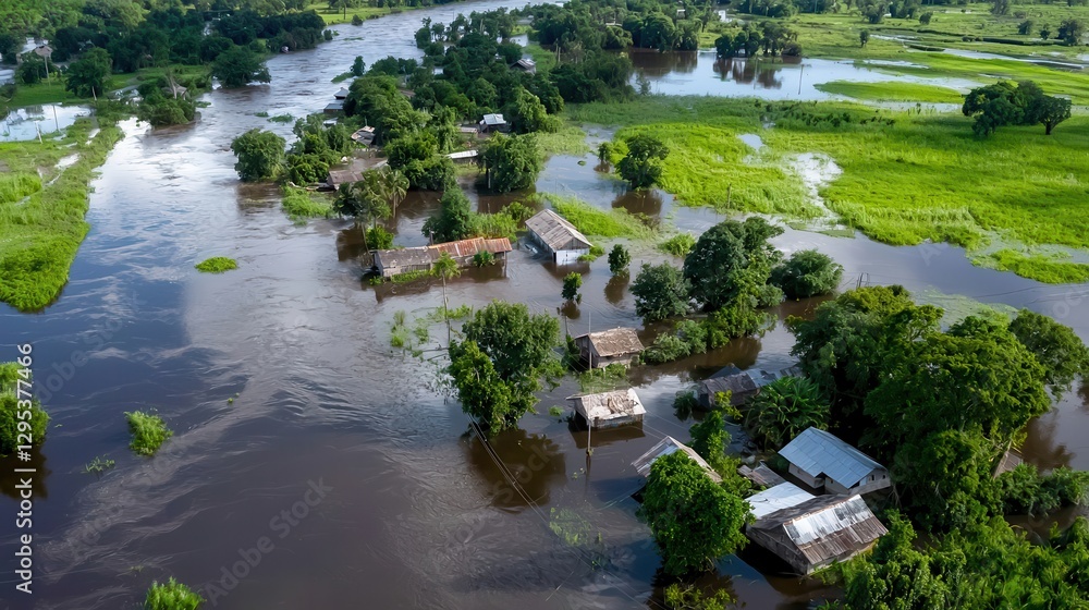 Climate change flood heavy rainfall river overflow. Aerial view of flooded landscape with submerged homes and greenery. Climate change flood heavy rainfall river overflow. Aerial view of flooded landscape with submerged homes and greenery.