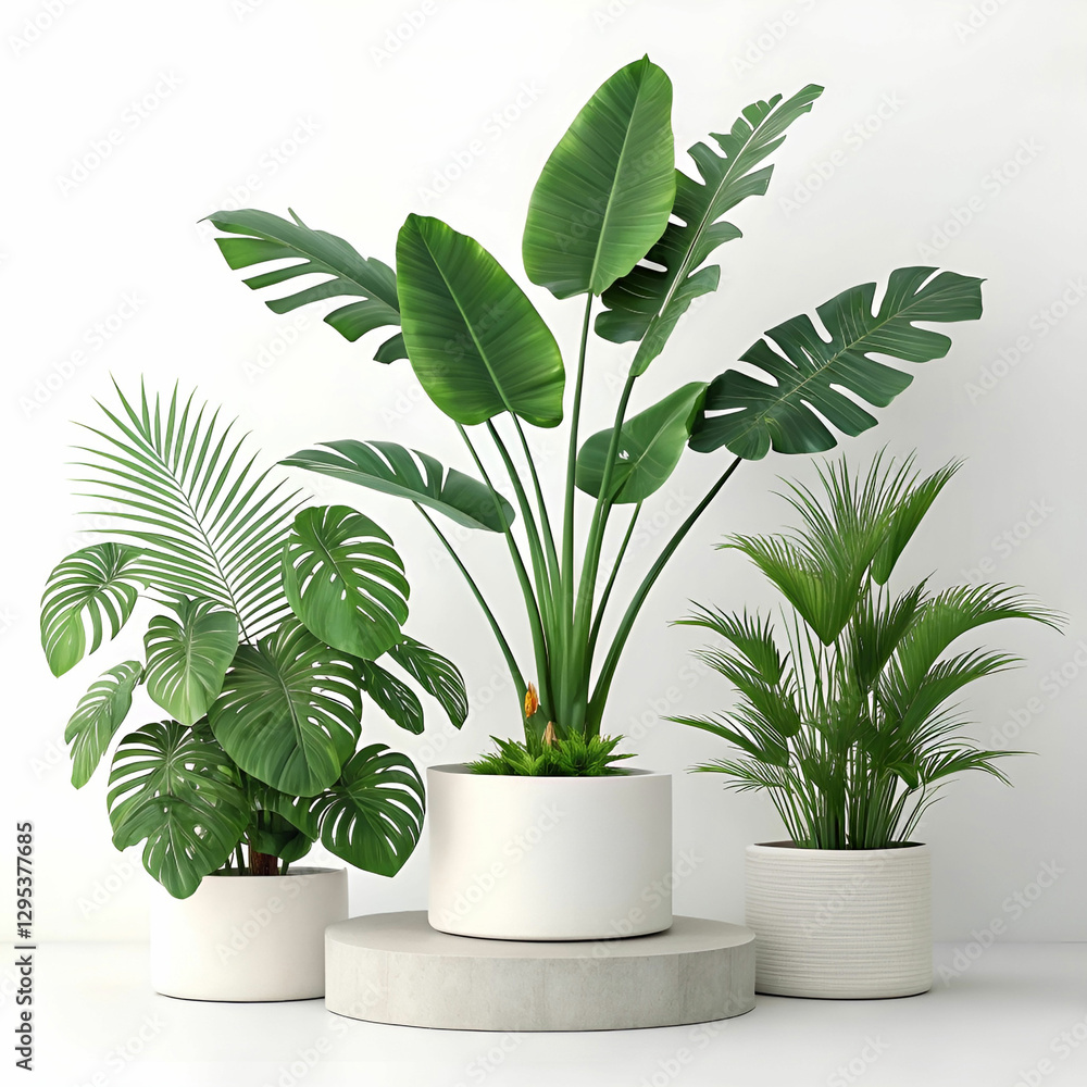 Front view of a minimal tropical plant composition. Front view of a minimal tropical plant composition.