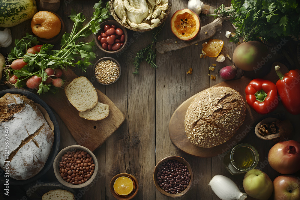 Rustic Still Life of Fresh, Nutritious Foods on Weathered Wood Surface - A Variety of Healthy Ingredients Displayed in a Warm, Natural Setting for Culinary Inspiration Rustic Still Life of Fresh, Nutritious Foods on Weathered Wood Surface - A Variety of Healthy Ingredients Displayed in a Warm, Natural Setting for Culinary Inspiration
