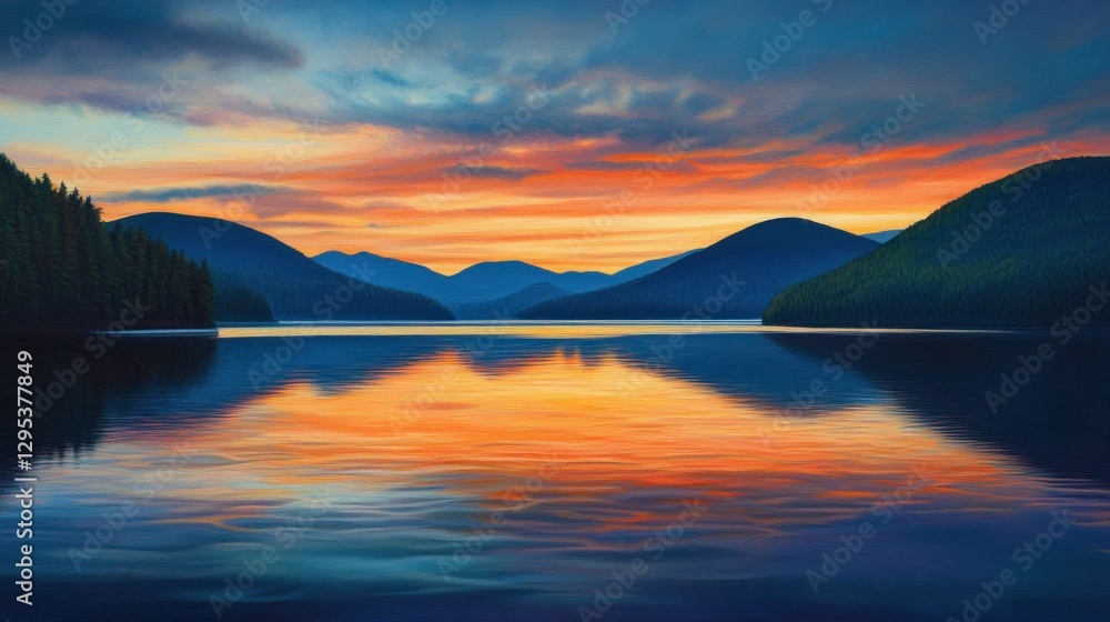 Fototapeta premium Serene lake sunset mountains reflection landscape