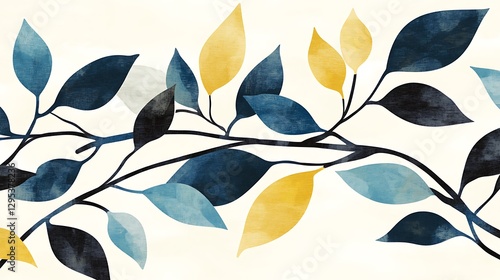 The elegant blue and yellow leaves design on white background is artistic