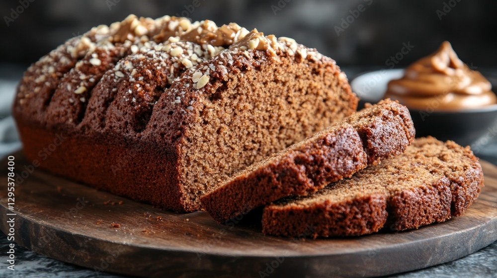 Sliced nut loaf cake on wooden board, dark background, spread in the back Sliced nut loaf cake on wooden board, dark background, spread in the back