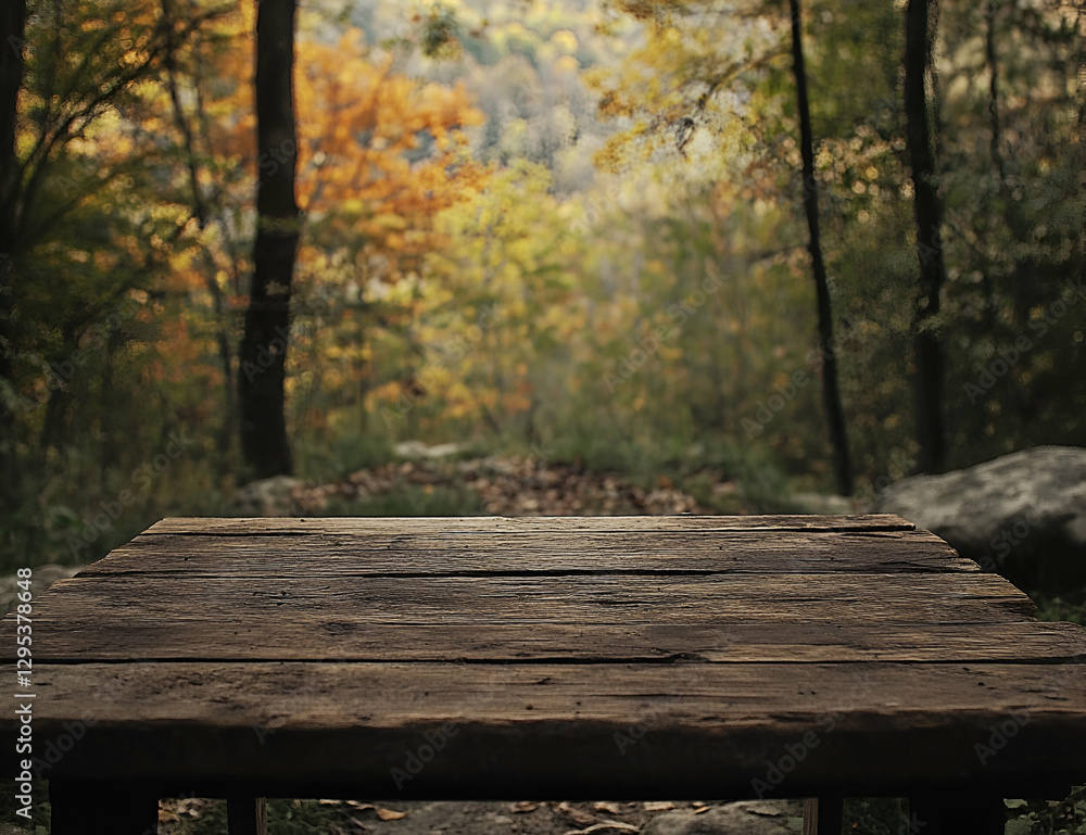 Rustic wooden table against the stunning backdrop of an autumnal forest, evoking a sense of tranquility and natural beauty in outdoor scenic setting Rustic wooden table against the stunning backdrop of an autumnal forest, evoking a sense of tranquility and natural beauty in outdoor scenic setting