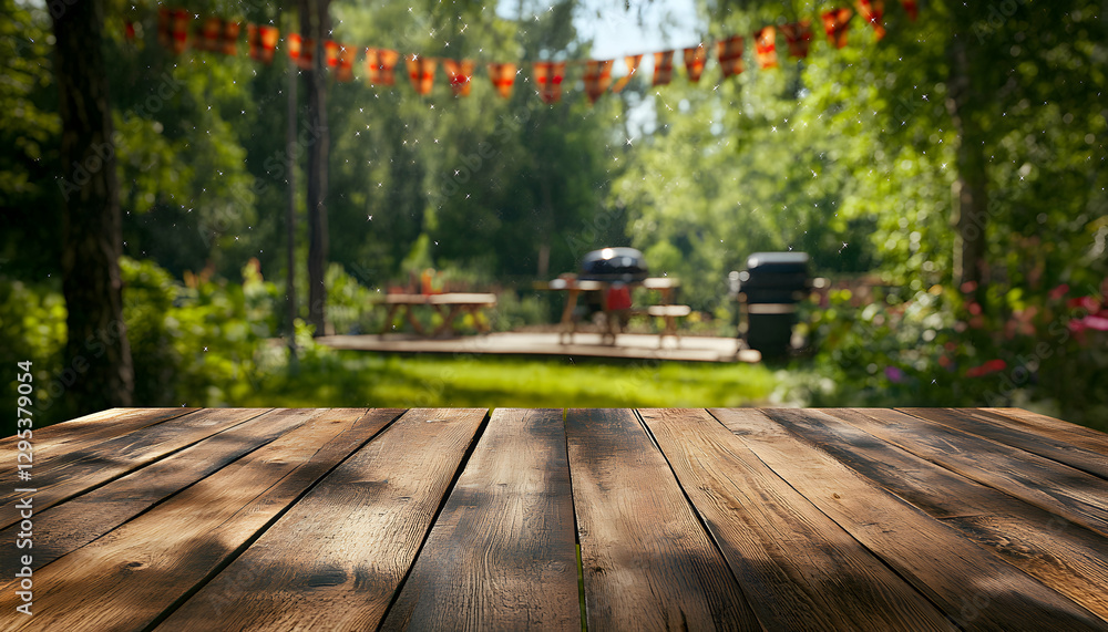 Rustic wooden tabletop at a vibrant backyard barbecue gathering, showcasing blurred grilling scene under festive pennants on a bright summer day outdoors Rustic wooden tabletop at a vibrant backyard barbecue gathering, showcasing blurred grilling scene under festive pennants on a bright summer day outdoors