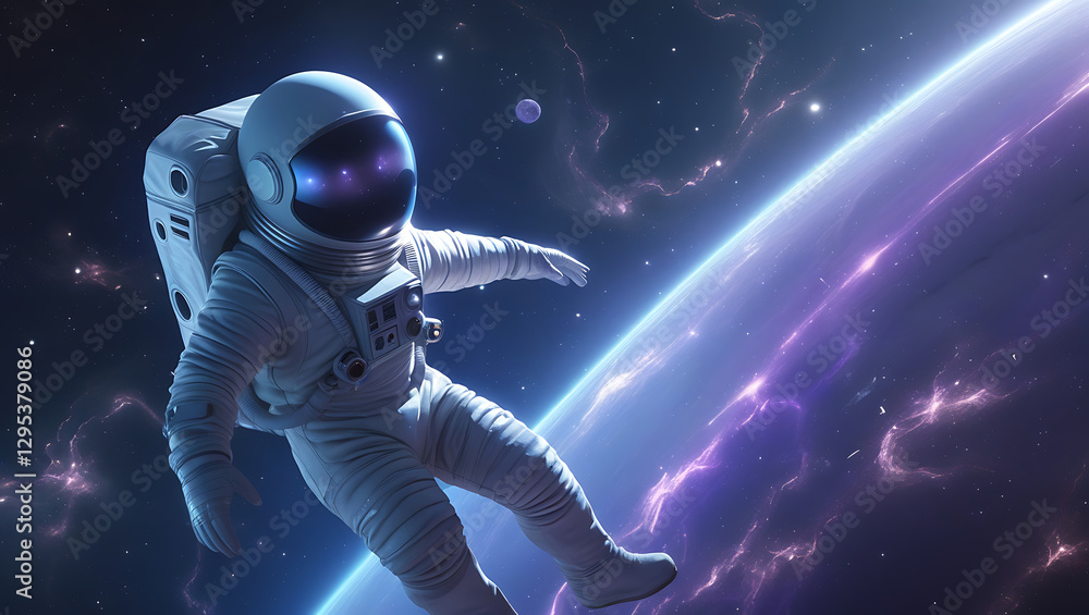 Fototapeta premium A mesmerizing visual representation Spaceman and planet, human in space, shimmering effects that give the impression of depth and dimensionality, created by generative ai