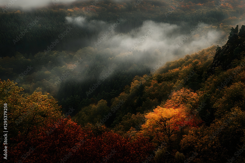 Fototapeta premium Scenic aerial view of vibrant autumn forest landscape with soft fog and mist adding an ethereal atmosphere, highlighting the beauty of nature during seasonal change