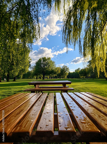Fototapeta Naklejka Na Ścianę i Meble -  Scenic Park View with Picnic Tables, Lush Green Grass, and Weeping Willow Trees on a Beautiful Sunny Day with Blue Sky and Fluffy Clouds, Inviting Relaxation