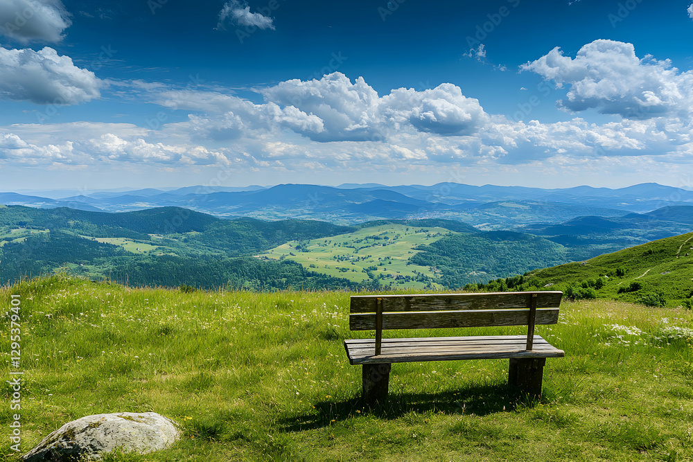 Scenic Mountain Vista with Bench and Rolling Hills Under a Blue Sky, A Serene Escape to Nature's Beauty and Tranquility, Inspiring Relaxation Scenic Mountain Vista with Bench and Rolling Hills Under a Blue Sky, A Serene Escape to Nature's Beauty and Tranquility, Inspiring Relaxation