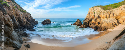 Secluded Beach Cove with Turquoise Water and Rocky Cliffs on the Portuguese Coastline offering serene seascape and unspoiled natural beauty along the shoreline