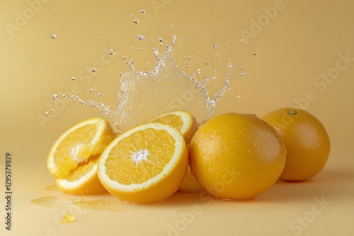 Juicy Oranges Splashing Water Droplets