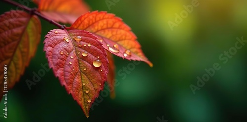 Golden water drops clinging to crimson leaves, leaf, green, golden