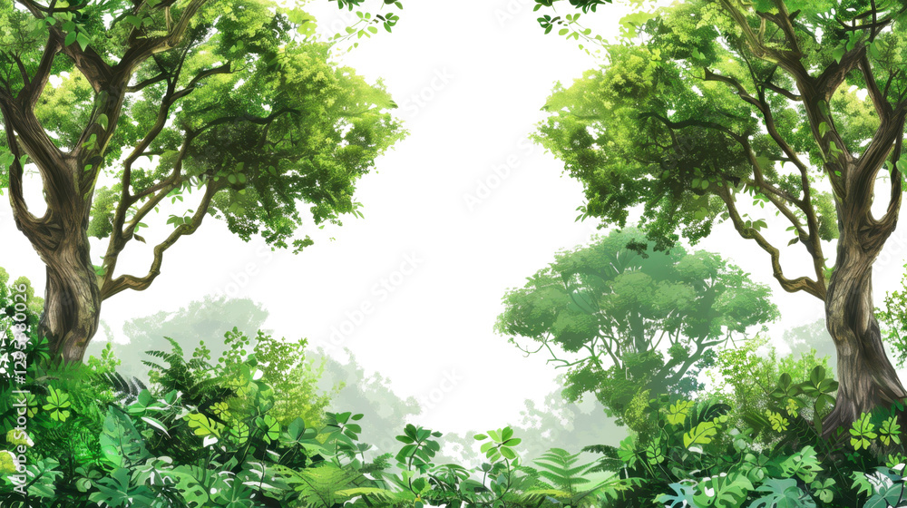 Lush green jungle foliage framing transparent background with copy space Lush green jungle foliage framing transparent background with copy space