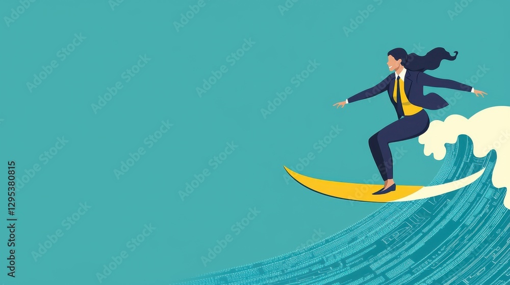 A business person surfing on a wave, symbolizing success and adventure in career. A business person surfing on a wave, symbolizing success and adventure in career.