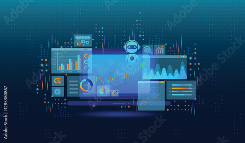 An analyst for data business analysis and Data Management System icons concept with KPI and metrics connected to the database for technology finance, operations, sales, marketing and customer service.