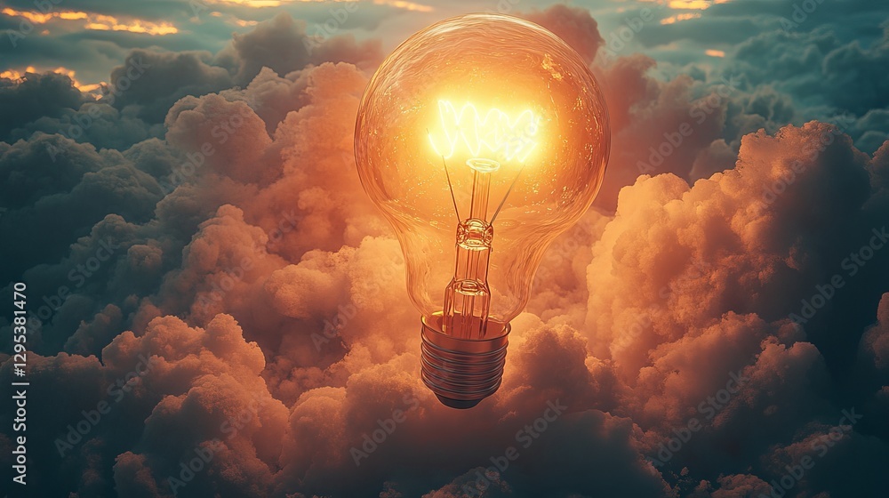 Flat lay concept of a glowing light bulb flying to the sky like a rocket, symbolizing innovation, creativity, and breakthrough ideas – modern design for inspiration, technology, and business solutions
