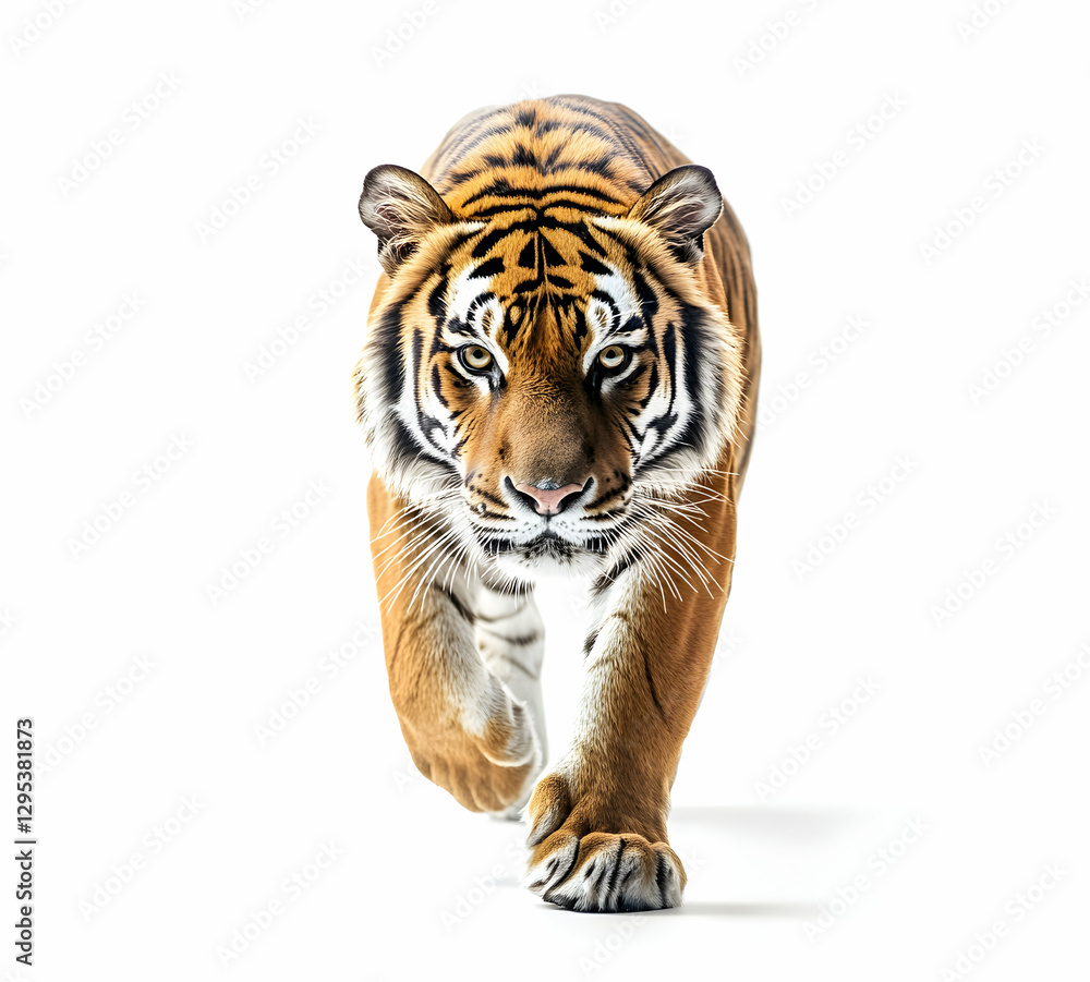Fototapeta premium Striking Portrait of a Majestic Tiger Walking Forward on Clean White Background, Showcasing the Power and Beauty of this Endangered Predator in High Detail