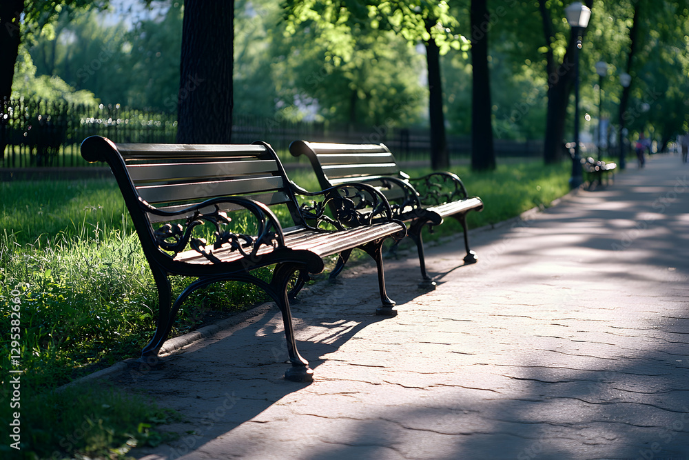 Sunlit Park Benches, A Serene Escape in Urban Nature, Inviting Moments of Reflection and Tranquility Amidst Greenery and Gentle Shadows in Spring Sunlit Park Benches, A Serene Escape in Urban Nature, Inviting Moments of Reflection and Tranquility Amidst Greenery and Gentle Shadows in Spring