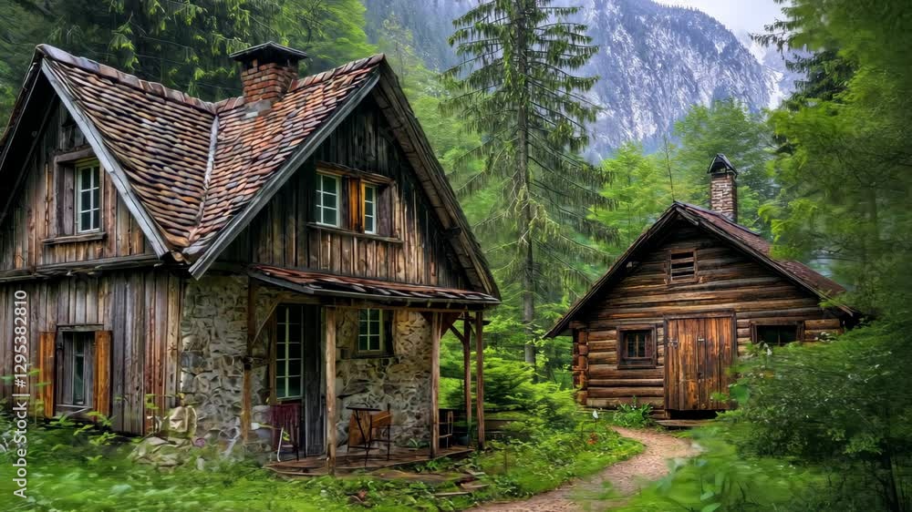 Rustic cabins nestled in a lush green forest surrounded by majestic mountains in tranquil nature Rustic cabins nestled in a lush green forest surrounded by majestic mountains in tranquil nature